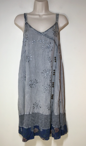 Daisy Island M Sun Slip Dress Silver Embroidered Rayon Boho Hippie Bust 41"