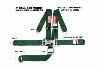 SFI 16.1 RACING HARNESS 5 POINT ROLL BAR MOUNT 3'' LATCH & LINK GREEN