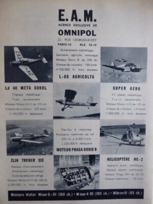 6/57 PUB OMNIPOL PRAHA AVION LD 40 L-60 SUPER AERO ZLIN HC-2 ORIGINAL FRANZÖSISCHE ANZEIGE