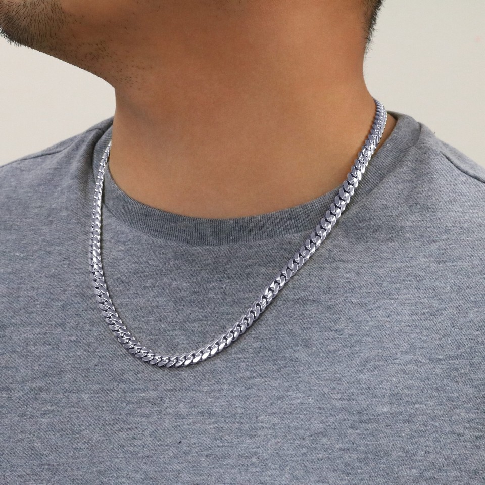 14K White Gold Solid 7mm Mens Miami Cuban Link Chain Necklace Box Clasp