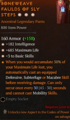 Diablo 4 S8 Season 8 Pants 3GA 182 Intelligence 685 Max Life 3 to Basic skills
