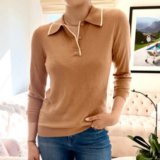 Laurie Felt collared knit polo sweater top Size S caramel camel neutral