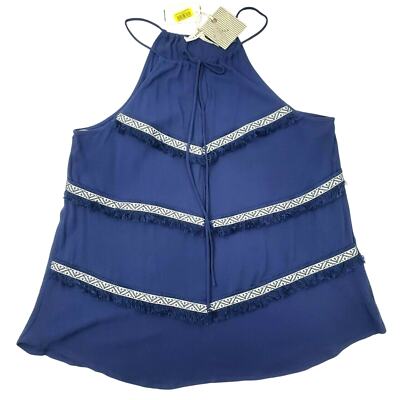 New Blu Pepper Womens Top Size Medium Trapeze Shirt Blue Fringe Tank Boho Knit M