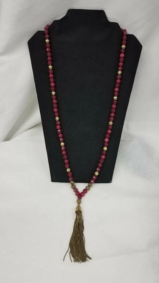 Lucky Brand Semi Precious Stone Tassel Necklace Ruby Red Agate Beaded Goldtone 8 - Image 2 of 4