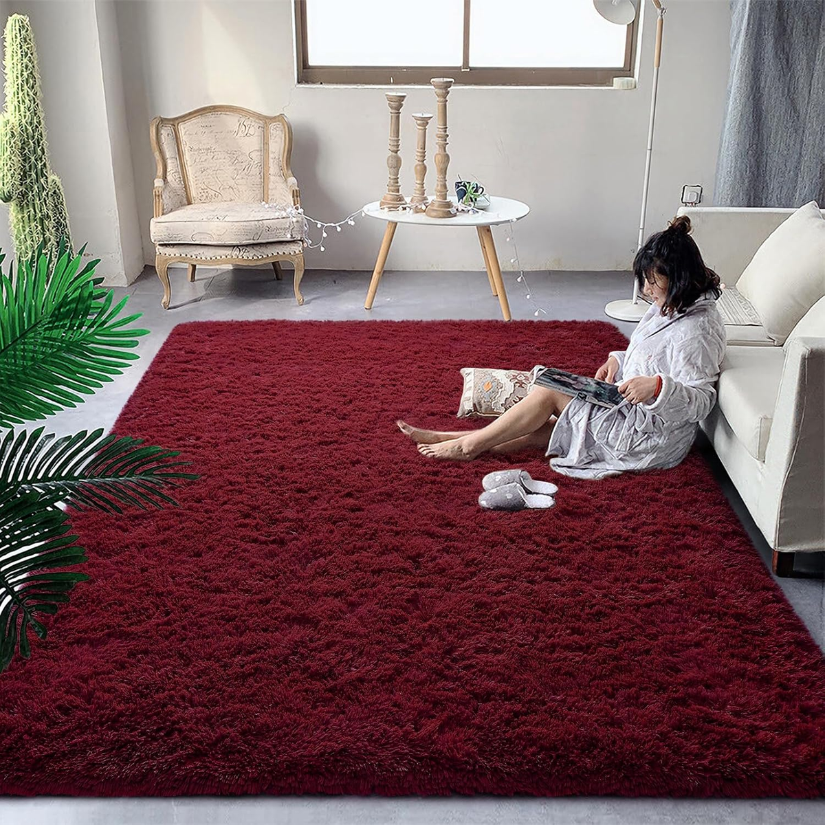 Fluffy Burgundy Red Rug Carpet for Bedroom Living Room, 3X5 Feet