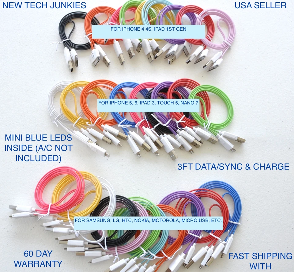 HOT LED light data charger charge cable for iPhone X 8 7 4s 5c 6 plus micro usb - Image 2 of 4