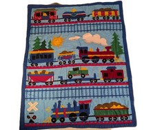 Railroad Train Crib Quilt Handmade 30"X 40". Fleece Backing Red