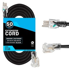12 Gauge 50 ft Outdoor Extension Cord SJTOW Oil Resistant 12/3 Black Heavy Duty
