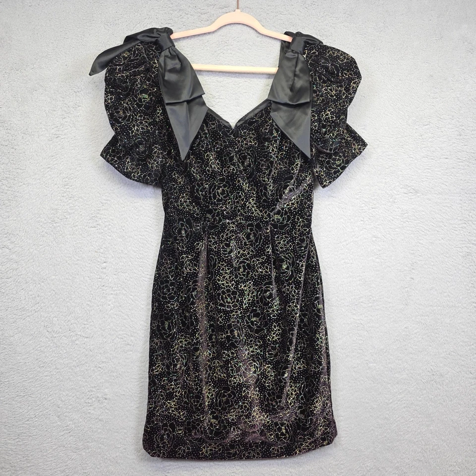 Vintage Scarlett Nite Dress Women 8/10 Black Whimsigoth Velour 80s Glam Cocktail - Image 2 of 4