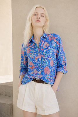 Talbots Women's Tropical Floral Pineapple Button Front Cotton Shirt Blue MP