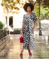 Joe Browns Women's Monochrome Animal Print Silky Wrap Midi Dress, Multi, 6