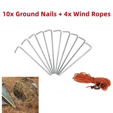 10pcs Non-Rust 10'' Nail Head Stake Pegs Tent Stakes Set Bonus Ropes