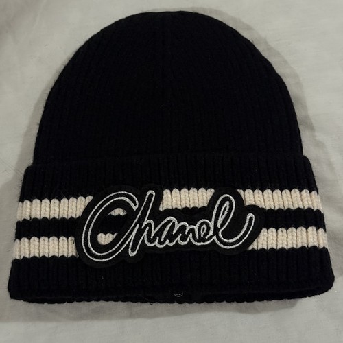 CHANEL Black White Knit Beanie Hat Logo Striped Unisex One Size