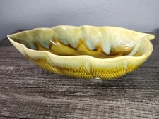 Vintage Calif USA Pottery Leaf Dish – Yellow Green Drip Glaze – Mid Century