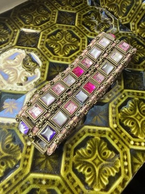 Vintage Mosaik Panel Stretch Armband Rosa Lila Cabochon Messing Manschette Heidi Daus