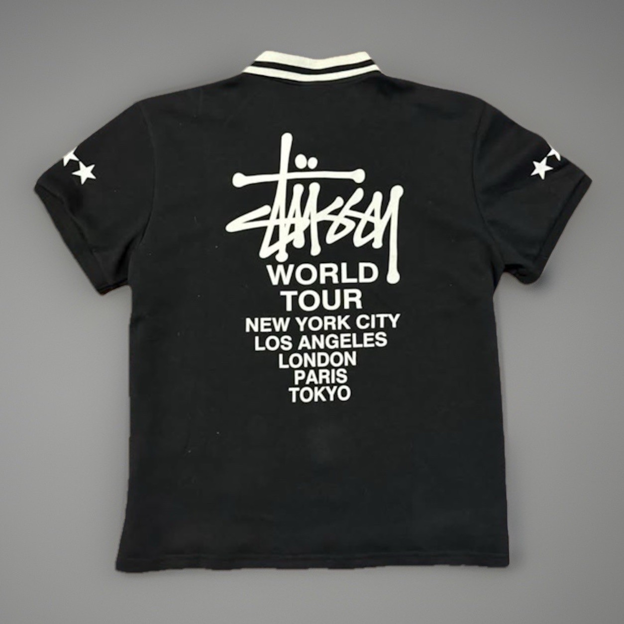 Stussy World Tour Graphic Black Short Sleeve Polo Shirt Men's Logo   thumbnail 2
