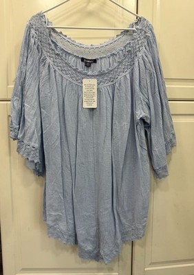 Roamans Womens Light Blue Crochet Detail Top 22W 3/4 Sleeve Boho Style