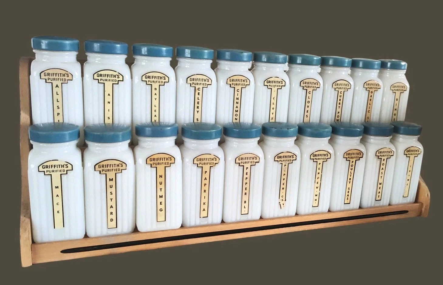 RARE Griffith Milk Glass 20 Spice Jar Set Turquoise Lids + Rack