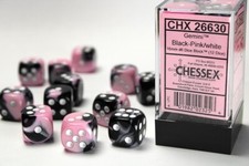 Chessex Gemini Black/Pink with White 12 Dice Set - 6 Sided 16mm d6 Dice Block