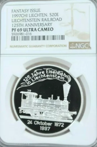 1997 LIECHTENSTEIN SILVER 20 EURO RAILROAD ANNIV NGC PF 69 ULTRA CAMEO TOP POP