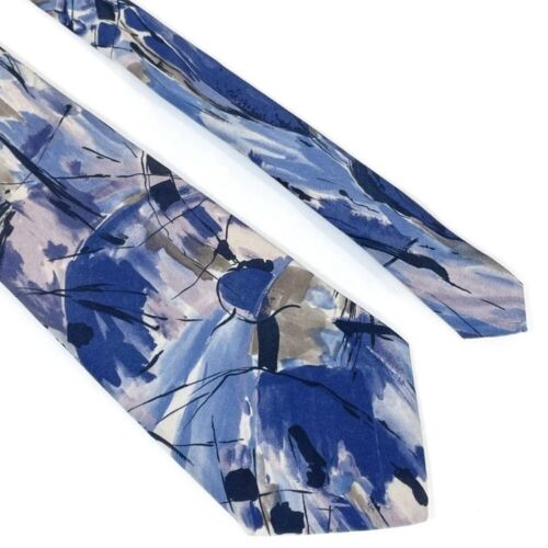 Vintage Men’s Italian Handmade 100% Silk Watercolor Tie in Blue/Purple - Afbeelding 1 van 11