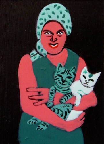 ACEO Original Painting CAT MOM Sister Contemporary Folk Outsider Art JEFF ZENICK