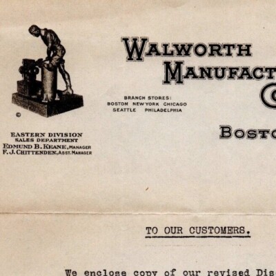 1920 Walworth Manufacturing Letterhead Boston Customer Letter Re: Catalog Prices