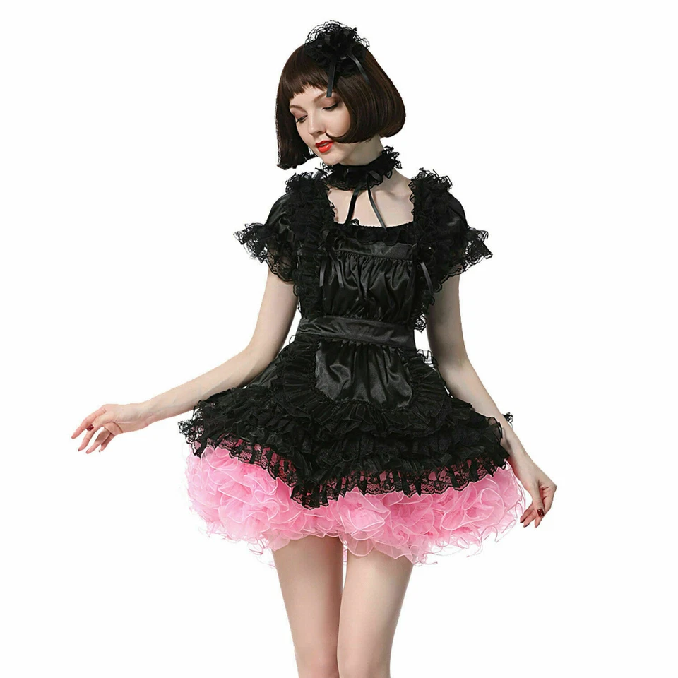 Sissy Girl Maid Square Cut Neckline Satin Black Pink Puffy Dress Custom  - Image 4 of 4