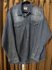 Vintage Wrangler Western Cowboy Denim Long Sleeve Pearl Snap Shirt Size 2XL