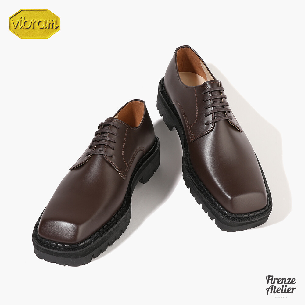 Firenze Atelier Men's BROWN Leather Square Toe Chunky Derby Shoes W/ Vibram  Sole