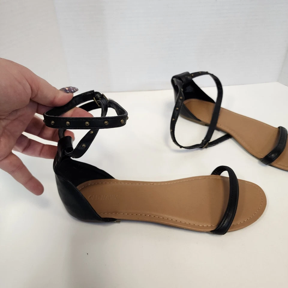 Old Navy Strappy Gladiator Sandals 8 Black Jack Tan Flats Sand Studded - Image 2 of 4