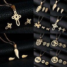 Elegant Women Stainless Steel Jewelry Set Gold Pendant Chain Necklace Earrings
