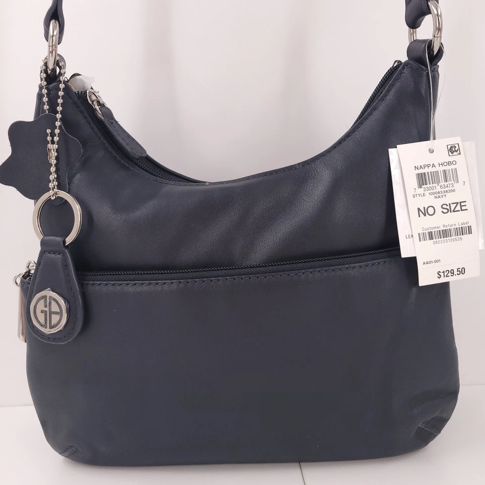 Giani Bernini наппа кожи Hobo темно-синий плеча молнии верхняя Дамская сумка сумка сумка Серебряный кошелек - Изображение 2 из 4