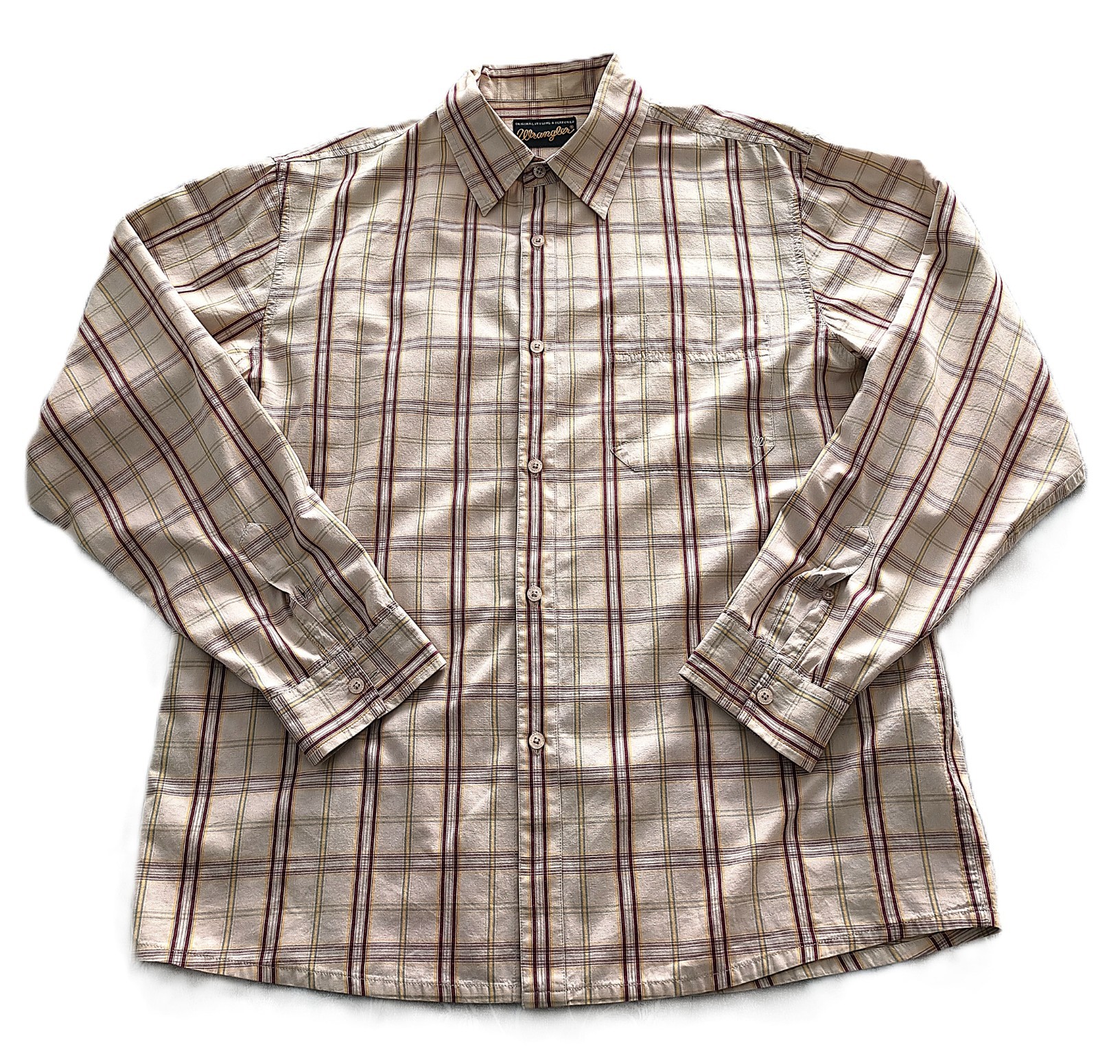 Wrangler Mens Shirt L Beige Check Cotton Long Sleeve Button Down Pocket Logo VGC