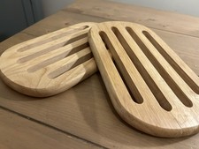 Pair Solid Wood Slatted Oval Vintage Trivets Pan Stand Rustic Cottage Country