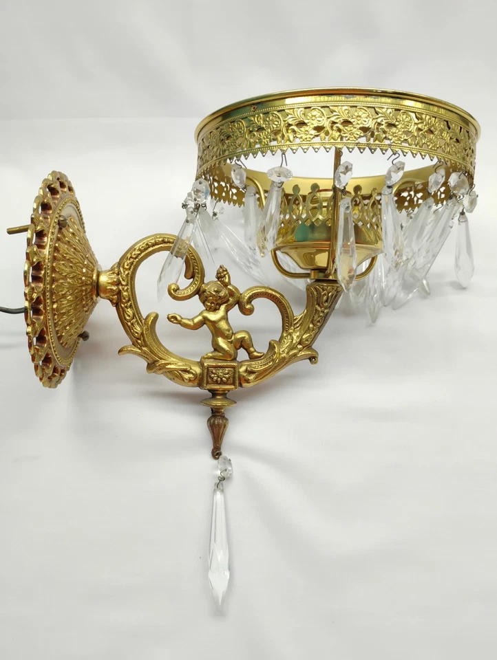 Aplique de pared querubín de latón macizo vintage con cristales Rococó Regency Foto 3 de 4