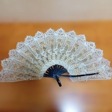Antique Folding Fan Cream  Gold Hand-Painted Lace Collector's Item