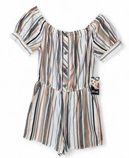 NEW Blush Romper Striped Off Or On Shoulder Button Detail BrownBlack Sz M Beachy
