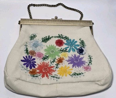 Vintage Needlepoint Floral Embroidered Canvas Chain Handle Handbag Unfinished 