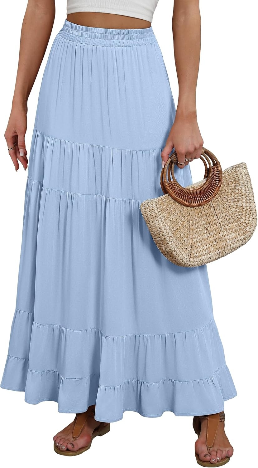 Womens Maxi Skirt Elastic High Waist A-Line Tiered Flowy Boho Summer Beach-image