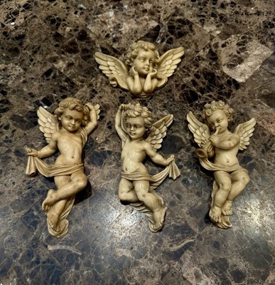 Set (4) Vintage Carved Cattle Bone Cherubs Angels Wall Art Figurine 6  Italy