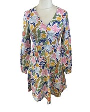 Boden Women's Floral 100% Linen Long Sleeved V-neck Summer Dress UK 8R
