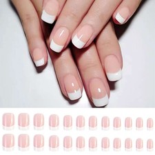 24pcs Short Square White French Style Fake Nail False Nails Press On Nails Glue