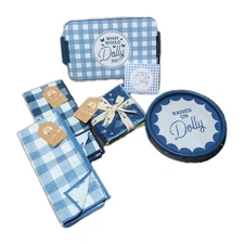 Dolly Parton Blue Checker Pattern Kitchen Collection 6 Pieces DG NEW