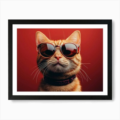 Gerahmtes Wandbild Poster Leinwanddruck Bild eine Katze mit Sonnenbrille und Coll
