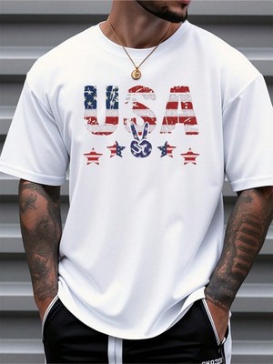 Men's American Flag Print T-Shirt Stripes Design With Bold USA Lettering