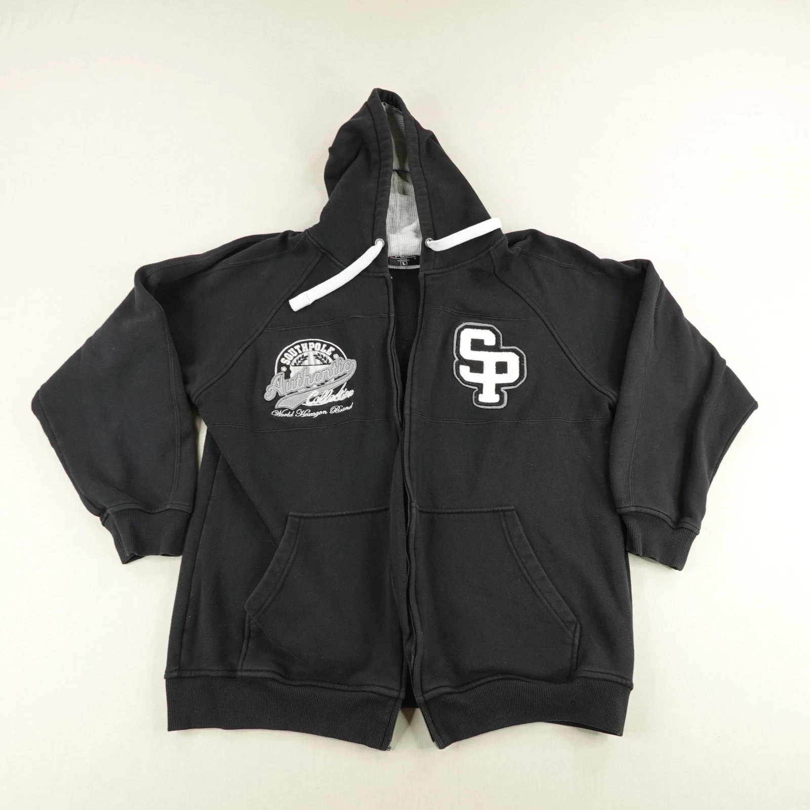 Vintage Southpole Hoodie Men Large Black Thermal Sweatshirt Jacket Hip Hop Y2K ^