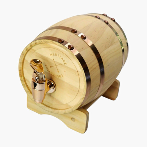 Heritage Oak 1L Wooden Barrel Liquor Dispenser w/ Spigot Tap & Stand Beige