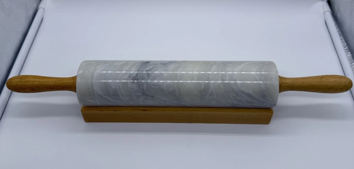 VTG Gray Swirl Marble Rolling Pin 10" Long with Wood Handles 18" and Wood Cradle