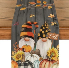 Fall Gnomes Pumpkins Sunflower Maple Leaves Thanksgiving Table Runn
